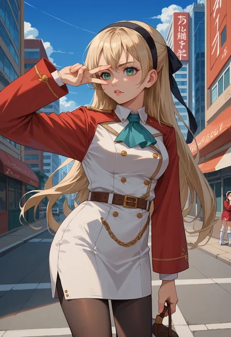 score_9, score_8_up,score_7_up, source_anime, 1girl, solo,
bivgtsav, hand on own face,
<lora:VctryVsg_pdxl_EliPot:1> ,
<lora:elie-pdxl-nvwls-v1:0.8> zeroElie, black hairband, hair ribbon, long hair, ascot, uniform, long red sleeves, white dress, pencil skirt, belt, black pantyhose, white boots,
blue sky, cityscape, street,