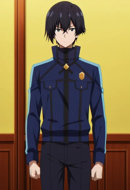 masterpiece, best quality, anime screencap, official style, anime coloring, cowboy shot, 1boy, solo, male focus, <lora:cid_kagenou_ilxl:0.94>, cid_kagenou, black hair, short hair, hair between eyes, bangs, black eye