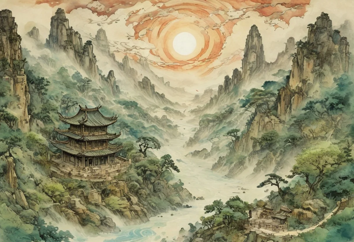 (Ink illustration on parchment, watercolor, ink splashes, Ukiyo-E). ((watercolor)), ((Chinese landscape)), Pagodas, Red-Trees, landscape focus, small figure off-side, Chinese Mountains, Rivers, Clouds, with watercolor washes, (((verdant green landscape))), (((mist, waterfalls))), trees, lush foliage, endless karth mountains that stretch outward to the horizon, a lone woman traversing the landscape!! wearing a bright blue cloak to make the miniscule figure stand out in a landscape dotted with the ruins of an ancient destroyed civilisation, crumbling stone, degraded buildings and temple, a long magical aurora borealis stretching across the sky, a broken moon high in the sky partially turned into an asteroid belt, a Saturn-like ringed-planet world, flickers of magical energy illuminating the land, in the far distance a giant wall of smoke is rising from the shattered earth in which a multitude of faces are forming and screaming, Ink splashes, rough ink sketch, Ghibli style, high contrast, stylized, dark skin, close up on face, head and shoulder, leather medieval top with lowered hood, Art Nouveau Style, detailxl, BadDream, dioramas,