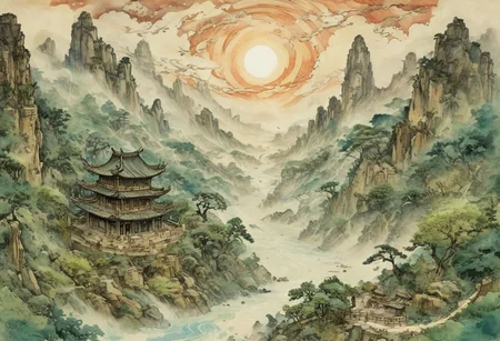 (Ink illustration on parchment, watercolor, ink splashes, Ukiyo-E). ((watercolor)), ((Chinese landscape)), Pagodas, Red-Trees, landscape focus, small figure off-side, Chinese Mountains, Rivers, Clouds, with watercolor washes, (((verdant green landscape))), (((mist, waterfalls))), trees, lush foliage, endless karth mountains that stretch outward to the horizon, a lone woman traversing the landscape!! wearing a bright blue cloak to make the miniscule figure stand out in a landscape dotted with the ruins of an ancient destroyed civilisation, crumbling stone, degraded buildings and temple, a long magical aurora borealis stretching across the sky, a broken moon high in the sky partially turned into an asteroid belt, a Saturn-like ringed-planet world, flickers of magical energy illuminating the land, in the far distance a giant wall of smoke is rising from the shattered earth in which a multitude of faces are forming and screaming, Ink splashes, rough ink sketch, Ghibli style, high contrast, stylized, dark skin, close up on face, head and shoulder, leather medieval top with lowered hood, Art Nouveau Style, detailxl, BadDream, dioramas,