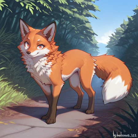 masterpiece,best quality,amazing quality, general, solo, by hio, feral, feral female, fox, orange fur, feral fox, smile, fluffy, eyelashes, standing, outdoors, cute, looking at viewer, gorgeous, detailed, beautiful, masterpiece <lora:Hioshiru_style_Illustrious:1>