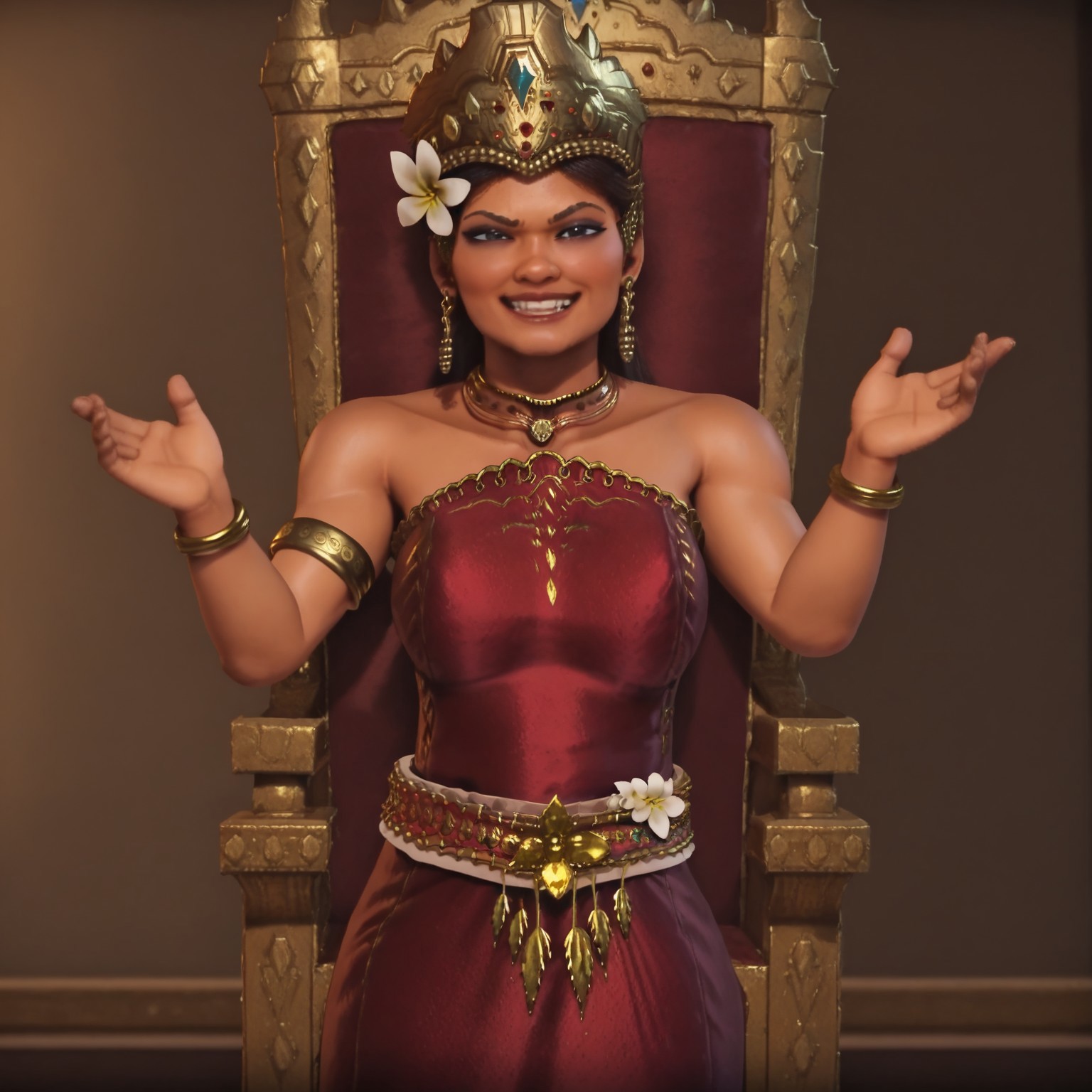 1girl, solo, Gitarja, gold crown, gold jewelry, red dress, sleeveless dress, dark-skinned woman, white flower, gold belt, regal pose in throne room, smug, satisfied, standing in front of throne
