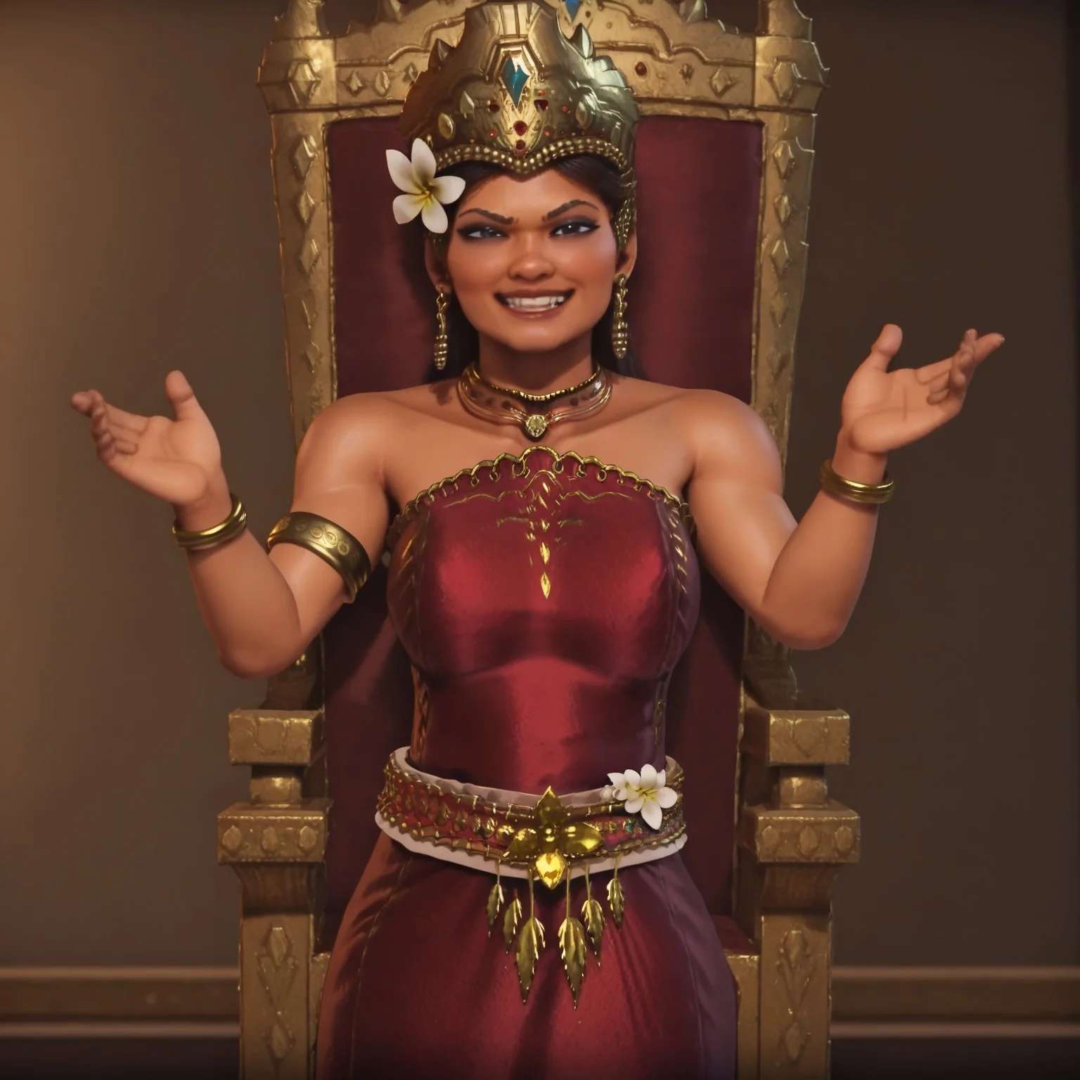 1girl, solo, Gitarja, gold crown, gold jewelry, red dress, sleeveless dress, dark-skinned woman, white flower, gold belt, regal pose in throne room, smug, satisfied, standing in front of throne
