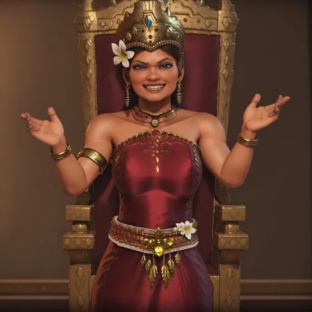 1girl, solo, Gitarja, gold crown, gold jewelry, red dress, sleeveless dress, dark-skinned woman, white flower, gold belt, regal pose in throne room, smug, satisfied, standing in front of throne