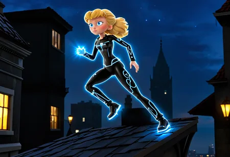 masterpiece, best quality, ultra_detailed, highres, absurdres, dynamic angle, light painting of 1girl, <lora:penny_gadget_2015_xl_v2-000001:1> pennyg2015, blue eyes, blonde hair, wearing a black tron suit with (glowing:1.3) patterns, running on rooftops, side view, (silhouette:1.35), (solo, alone:1.25), by night, motion lines, motion blur, moonlight, futuristic city, skyscrapers, sci-fi, solo, alone, toon \(style\), ultrahigh resolution textures, <lora:Aether_Light:1>