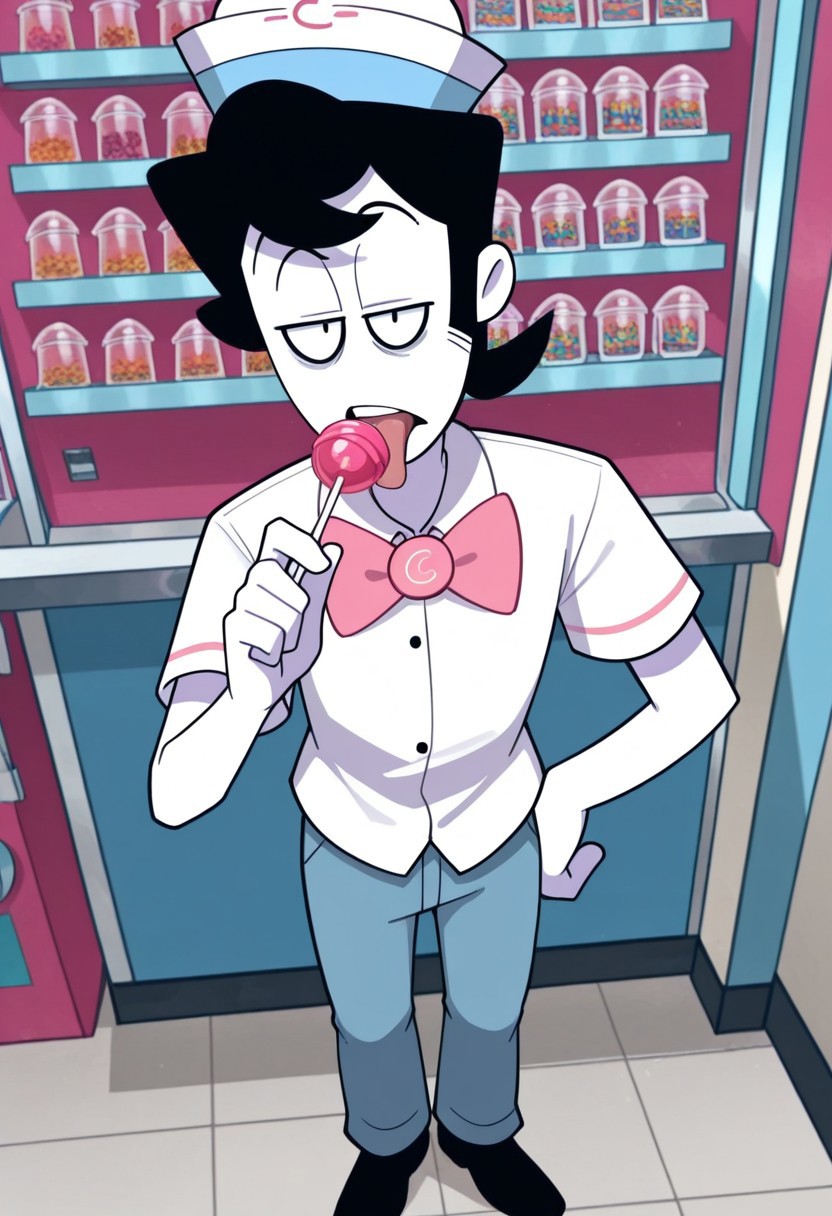 score_9, score_8_up, score_7_up, masterpiece, best quality, amazing quality, Kevin_(Spooky_Month), 1boy, solo, black hair, black eyes, pale white skin, 4 fingers, sideburns, white shirt, buttons, single pink line on both sleeves, short sleeves, pink bowtie, white employee cap, light blue pants, black shoes, standing, holding, holding lollipop, licking lollipop, lollipop, tongue out, tongue, licking, looking at viewer