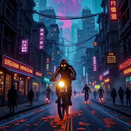 psychedelic style concept art horror-themed Dark Fantasy Art, <lora:Undead Apocalypse v1:1> und34dpsy, In a warped, collapsing city, zombie couriers in holographic jumpsuits race down melting streets on levitating bicycles, delivering glowing packages to mysterious beings. The roads are made of pulsating light, and buildings dance to invisible rhythms. One zombie rides upside down across the ceiling of reality. Animated glitches and pixel tears streak through the sky as if the apocalypse is being live-streamed., dark, moody, dark fantasy style . eerie, unsettling, dark, spooky, suspenseful, grim, highly detailed . digital artwork, illustrative, painterly, matte painting, highly detailed . vibrant colors, swirling patterns, abstract forms, surreal, trippy