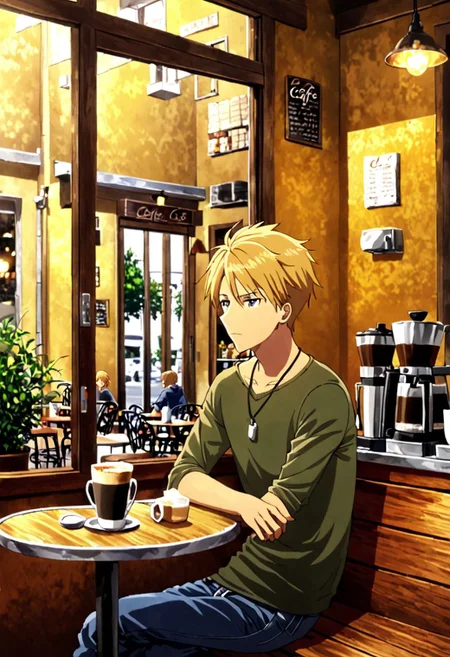 high resolution, solo, best quality, 1Boy, Yamato Ishida, Blond Hair, Necklace, cafe, corner, sit, casual, coffee, waiting, wide mirror, outside view, OverallDetail