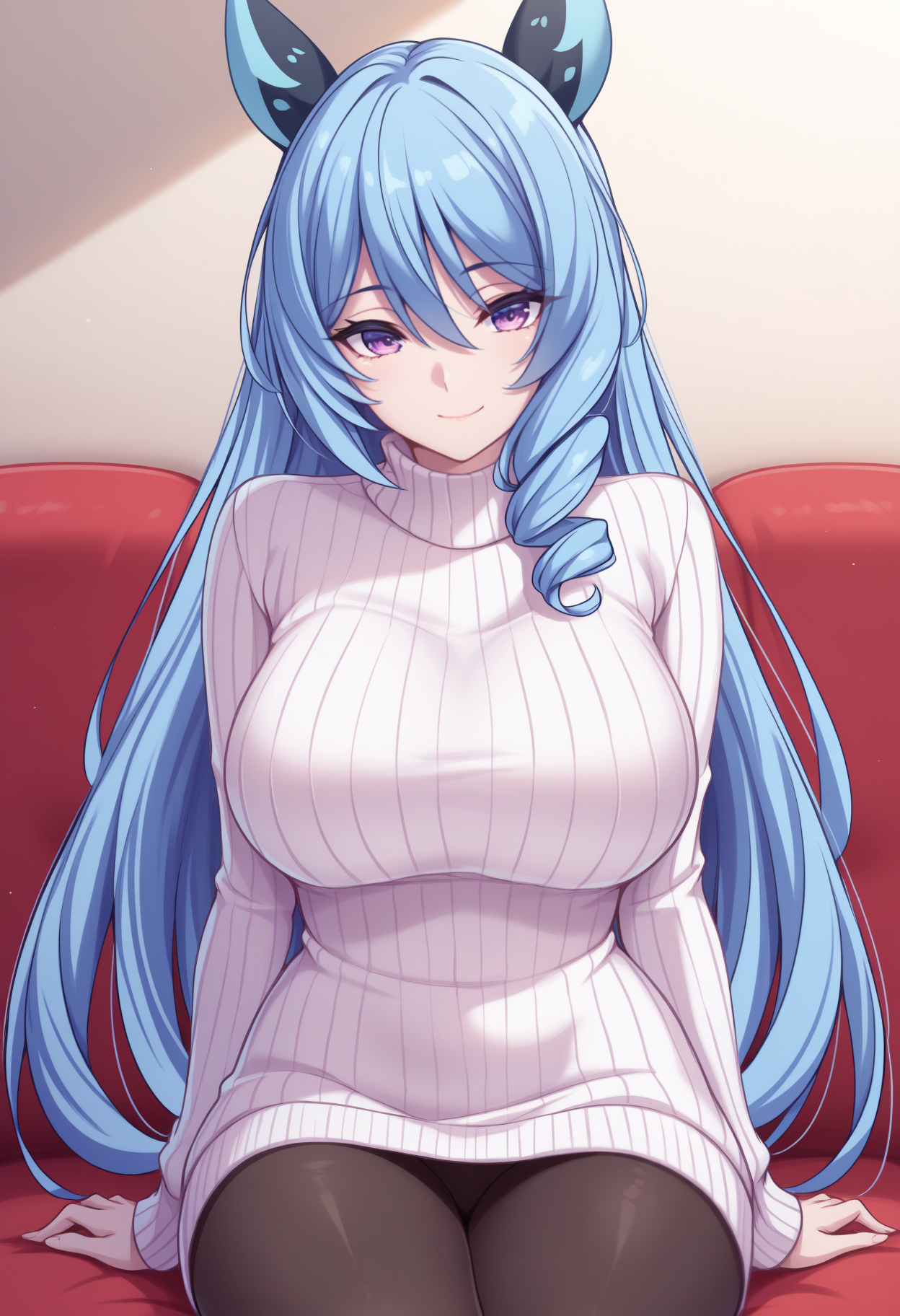 masterpiece, best quality, <break> solo, 1girl, smile, closed mouth, looking at viewer, sitting, couch, arm support, long hair, blue hair, hair between eyes, single sidelock, drill sidelocks, headgear, purple eyes, white sweater, ribbed sweater, sweater dress, long sleeves, black pantyhose, indoors
<segment:yolo-Anzhc Face seg 640 v2 y8n.pt,0.4,0.5//cid=1>