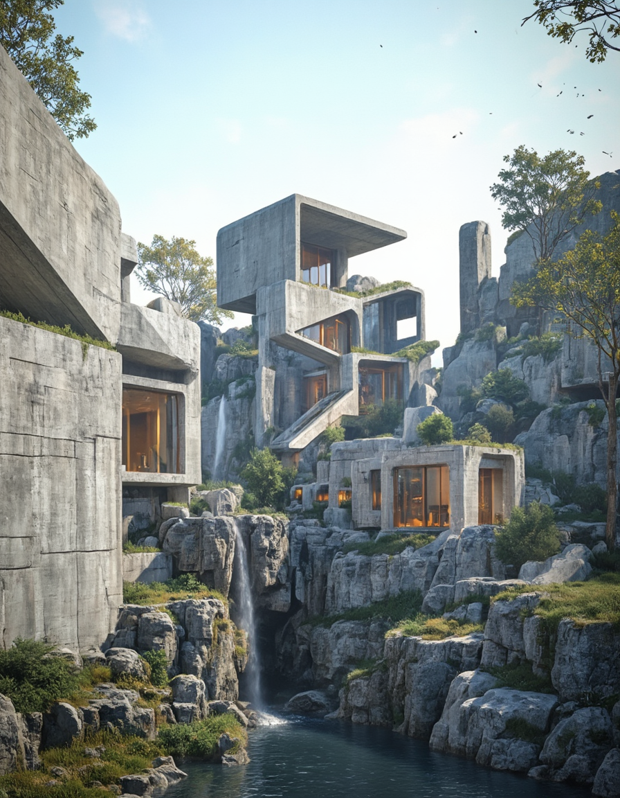 <lora:Home_R01fluxb:1> homer01, houses, Brutalist architecture, concrete walls, outdoor, geometric shapes, minimalistic design, open sky, Futuristic sci-fi house, diagonal structures, in a cyberpunk city, angular perspective, raw texture, light and shadow, architectural contrast, industrial aesthetic, abstract composition, glass, waterfall, vegetation, lake, trees