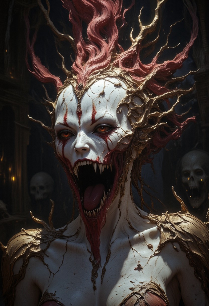 the Mokosh is an ancient drow and mythical female creature. She has long, sharp fangs for teeth and many spikes protruding from its head as it stares at the viewer with old soulless eyes, Her skin is white, engraved stone where every grove tells a story. It is snarling menacingly at the viewer, demanding respect and loyalty, head and shoulder portrait, hyperdetailed, 8k resolution concept art, WLOP, Moebius, H.R. Giger, Royo, muddy, dark colors, minimal lighting, hyperrealism, digital illustration, intricate,( vapor:0.9), dorian cleavenger, brom, hyperrealism, digital illustration, horror, dark environment, (&:0)t  (photography, high-resolution, dynamic, energetic,hyper-realistic, dramatic lighting, shallow depth of field.)