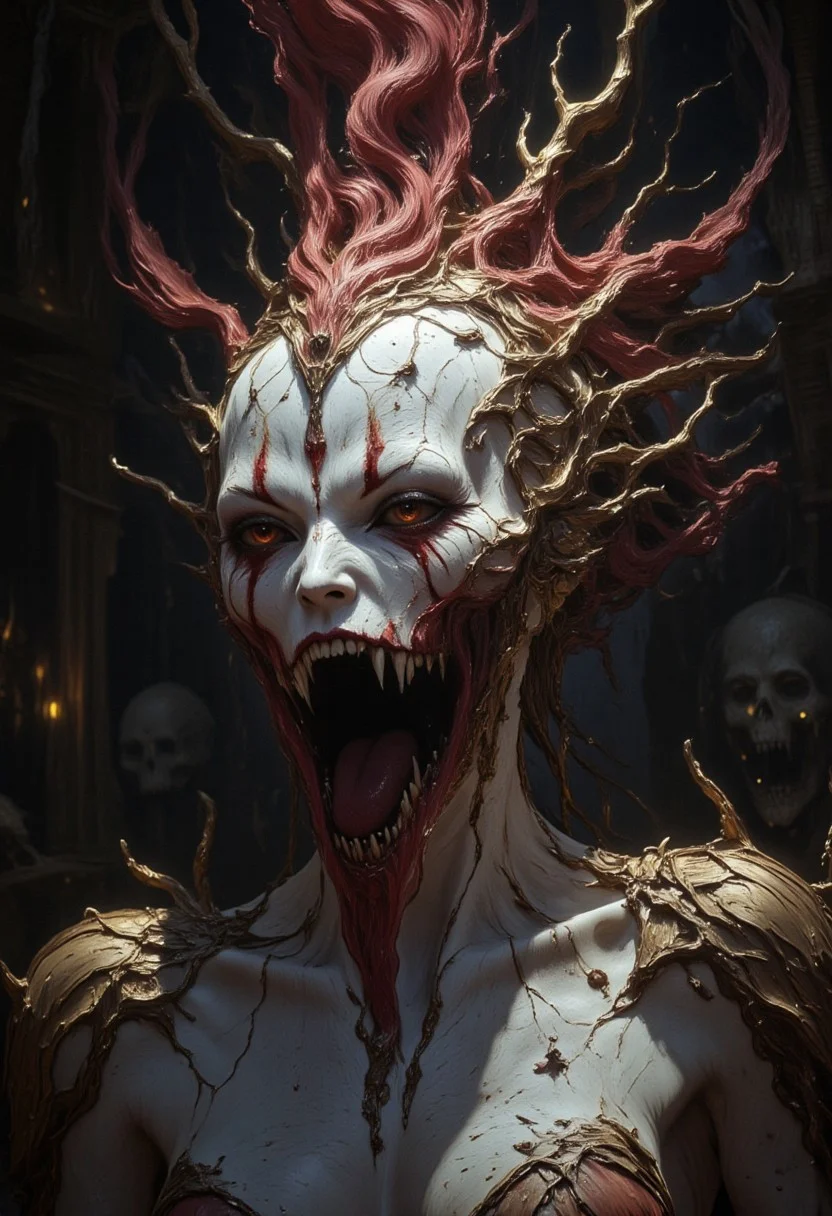 the Mokosh is an ancient drow and mythical female creature. She has long, sharp fangs for teeth and many spikes protruding from its head as it stares at the viewer with old soulless eyes, Her skin is white, engraved stone where every grove tells a story. It is snarling menacingly at the viewer, demanding respect and loyalty, head and shoulder portrait, hyperdetailed, 8k resolution concept art, WLOP, Moebius, H.R. Giger, Royo, muddy, dark colors, minimal lighting, hyperrealism, digital illustration, intricate,( vapor:0.9), dorian cleavenger, brom, hyperrealism, digital illustration, horror, dark environment, (&:0)t  (photography, high-resolution, dynamic, energetic,hyper-realistic, dramatic lighting, shallow depth of field.)