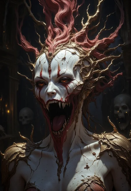 the Mokosh is an ancient drow and mythical female creature. She has long, sharp fangs for teeth and many spikes protruding from its head as it stares at the viewer with old soulless eyes, Her skin is white, engraved stone where every grove tells a story. It is snarling menacingly at the viewer, demanding respect and loyalty, head and shoulder portrait, hyperdetailed, 8k resolution concept art, WLOP, Moebius, H.R. Giger, Royo, muddy, dark colors, minimal lighting, hyperrealism, digital illustration, intricate,( vapor:0.9), dorian cleavenger, brom, hyperrealism, digital illustration, horror, dark environment, (&:0)t (photography, high-resolution, dynamic, energetic,hyper-realistic, dramatic lighting, shallow depth of field.)