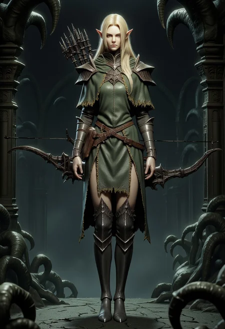 an elf archer standing in a dense, misty forest. She has long, platinum blonde hair, pointy ears, and a serious expression. She wears intricate, dark green and black armor with ornate designs, including shoulder plates and gauntlets. Her bow is elaborate, with a dark, metallic finish and decorative elements. The character has an unusual anatomy with disproportionately large hands with claw-like fingers and digitigrade legs ending in hooved horse feet. the legs shape is like a goat
Standing on a flat ground the camera angle is high rotated
Set against a solid dark black color background to emphasize its unnatural form that emphasizes its silhouette. The medium is not a traditional painting or illustrative medium like watercolor or ink but rather a digital 3D rendering.
MikeFranchinastyle, bbstyle,, horror theme,, ZBClay model of a gray sculpture, zbrush, d4arks0uls, overcast lighting, jedioutfit