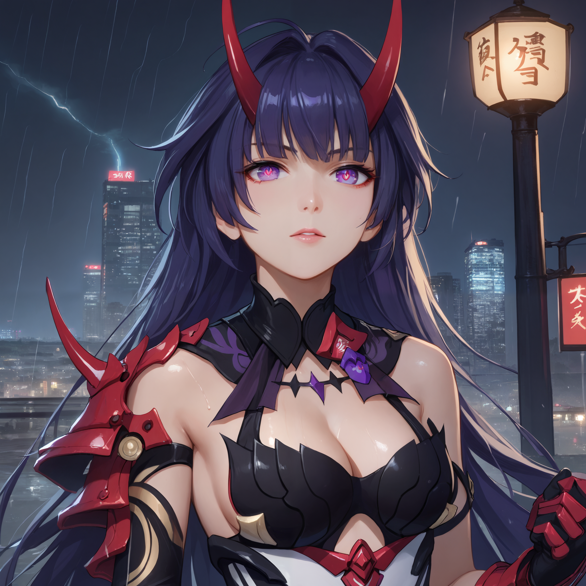 score_9, score_8_up, score_7_up, score_6_up, BREAK source_anime, looking at viewer, night, city, rain, thunder, 1girl, solo, close up,  masterpiece, best quality, high detailed skin,   raiden mei, raiden mei \(herrscher of thunder\), long hair, purple hair, red horns, purple eyes, symbol-shaped pupils, japanese armor, cleavage, gauntlets, gloves, single gauntlet, cleavage, white thighhighs,