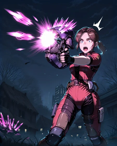masterpiece, best quality, amazing quality, very aesthetic, absurdres, newest, needler_\(weapon\), crystals, claire redfield_\(resident evil\), needler_\(weapon\), crystals, 1girl, aiming, firing, solo, ((surprised)), outdoors, night,<lora:needler.safetensors:1.0:1.0>
