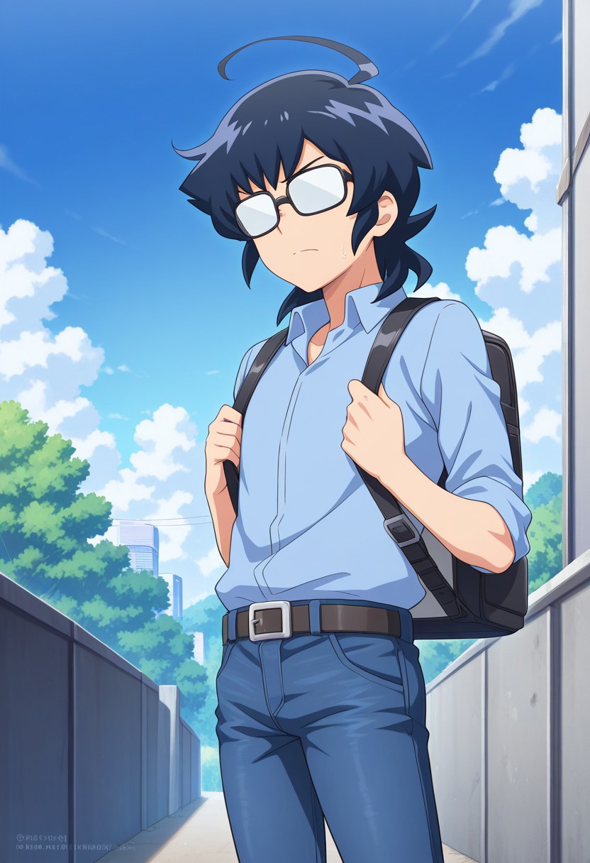 masterpiece,best quality,amazing quality, source_anime,
hirozora, 1boy, male focus, solo, glasses, opaque glasses, blue hair, medium hair, ahoge, shirt, blue shirt, collared shirt, sleeves rolled up, backpack, belt, jeans,
day, sky, clouds,