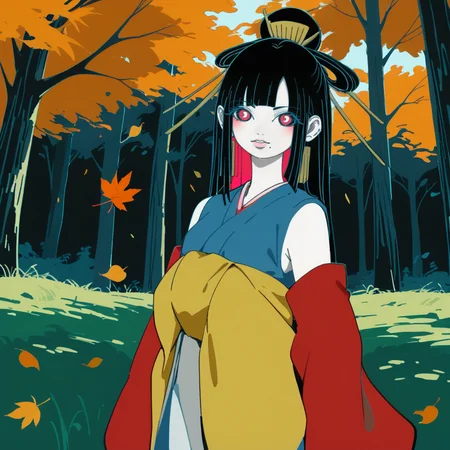 ink drawing, black and white with red details, score_9, score_8_up, score_7_up, score_6_up, score_5_up BREAK t1u5, 1girl, mole under mouth, colored sclera, pink eyes, symbol-shaped pupils, long hair, black hair, blue kimono, sleeveless, earrings, hair stick, hime cut, sidelocks, hair ornament, colored inner hair, yellow obi, red sleeves, detached sleeves, cowboy shot, pale skin, looking at viewer, solo, <lora:tukiGirlPDXL16v0.95cametx1-000008:0.8>, autumn forest, short black hair, falling leaves, monochrome