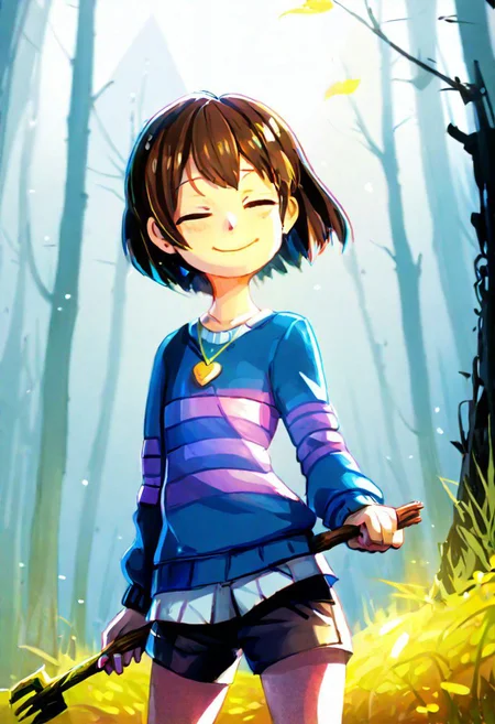 simple art illustration, 1girl, frisk_(undertale), (text "undertale":1.45), smile, undertale, closed eyes, brown hair, bob cut, dark forest background, shorts, purple striped blue sweater, holding tree stick, darkest dungeon underworld,