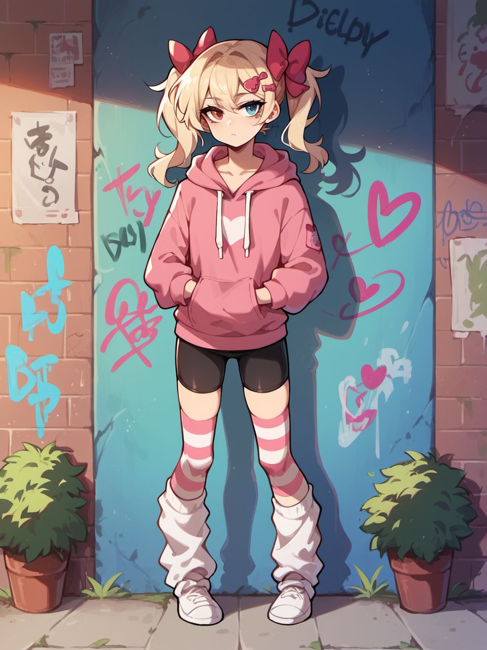 score_9, score_8_up, score_7_up, score_6_up, sleepyfrippystyle,
1girl, graffiti wall, expressionless, pink hoodie, bike shorts, heterochromia, hair bow, hairpin, long hoodie, hoodie tug, miniskirt, striped thighhighs, loose socks,
<lora:sleepy_frippy_style_v1:0.8>,