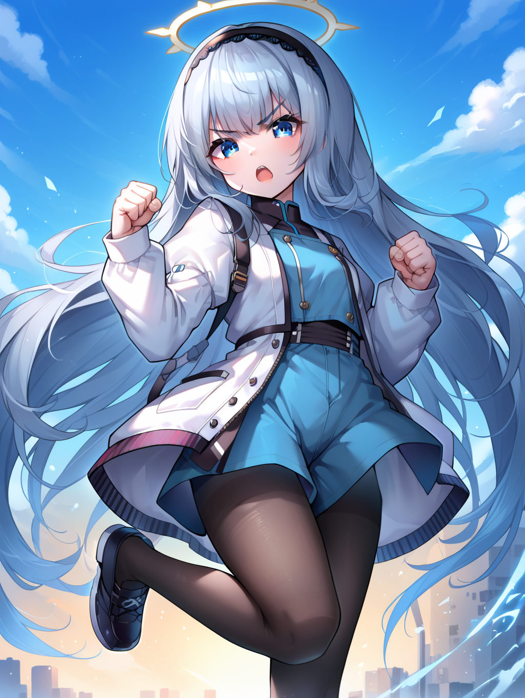 1girl, 
solo, shirt, hairband, blue shorts, standing on one leg, short short, looking at viewer, blue eyes, puffy sleeves, black footwear, shorts, jacket, open mouth, pantyhose, pantyhose under shorts, standing, puffy long sleeves, knees together feet apart, shoes, :o, long hair, white jacket, very long hair, black pantyhose, grey hair, blue shirt, long sleeves, v-shaped eyebrows, black hairband, shorts under skirt, clenched hands, blush, bike shorts, halo,
score_9, score_8_up, score_7_up, source_anime
 <lora:style024:0.85>