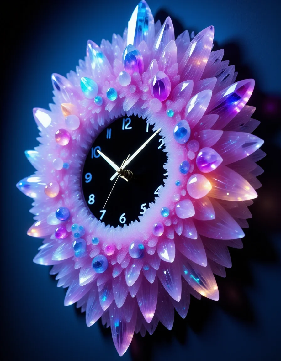 a bioluminescent wall clock made out of colourful auraquartz crystals, hanging on a wall , , <lora:Flux_Auraquartz:1>,<lora:BioIceCrystalsFlux:0.7>