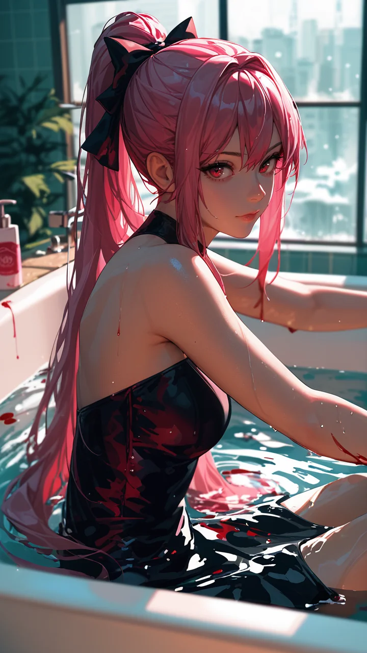 score_9, score_8_up, score_7_up, 1girl, solo, long hair, looking at viewer, bangs, red eyes, bare shoulders, sitting, very long hair, closed mouth, ponytail, pink hair, indoors, water, blurry, black dress, from side, blood, depth of field, blurry foreground, tiles, bathing, bath, bathroom, bathtub, blood splatter, tile wall