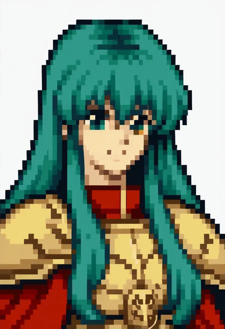 score_9, score_8_up, score_7_up, source_anime, 1girl, solo, smile,
<lora:zs_FE4PortraitsXL:1> fe4portraits, portrait, pixel art, white background
<lora:originaleirika-pdxl-nvwls-v1-000005:1> ogEir, cyan hair, long hair, hair between eyes, red tunic, short sleeves, gold armor, yellow cape
