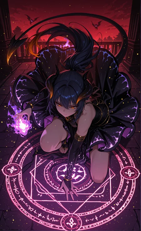 masterpiece, sharp detail, intricate detail, 1girl, solo, (hair shader:0.3), black dress, dark blue hair, orange tips, vivid orange eyes, ponytail, demon horns, pointy ears, purple energy print inner skirt part, toeless legwear, floating dress, off shoulder, bridal gauntlets, gold armlet, gold anklet, on one knee, BREAK (arm on floor, open palm), facing down, casting spell, summoning, silhouette demon, dynamic angle, from above, night, gradient vivid red sky to dark blue sky, huge magic circle, glowing runes, BREAK chiaroscuro, volumetric lighting, dappled light, dramatic shadows, cinematic lighting, detailed background, light and shadow contrast, <lora:illustriousXL_stabilizer_v1.23:0.7> <lora:NOOB_vp1_detailer_by_volnovik_v1:0.7> <lora:MeMax5-noob-vpred:1> <lora:DK_glowing_style:0.8>, aura, glowing, glowing particles, glowing flame, light particles, red theme,