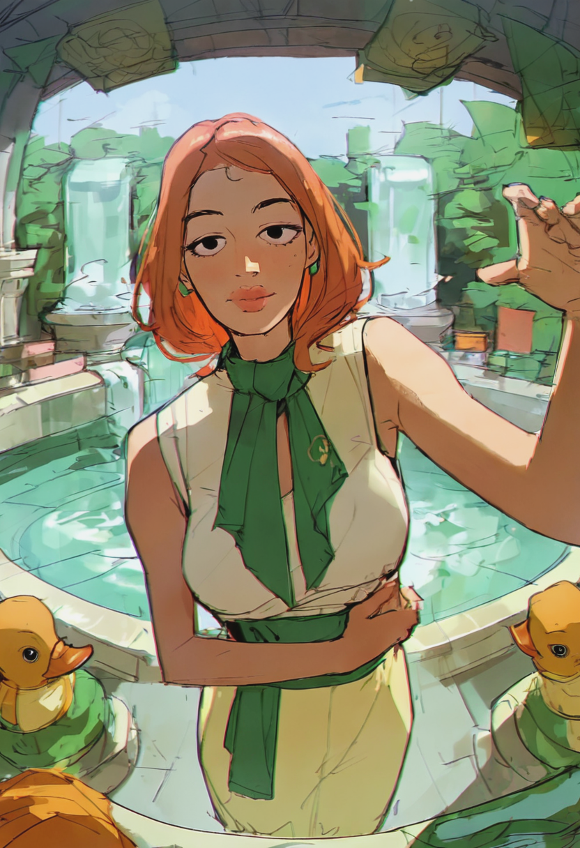 score_9, score_8_up, score_7_up, source_anime, 1girl, large_breasts, mature_female, portrait, solo, looking_at_viewer, open_eyes, Standing with one arm extended, pov, (Emerald green geta), medium hair, duck's arse, Ginger hair, fountain, face, rating_safe, <lora:pony\artist_styles\ramon_nunez_pony:1.0>