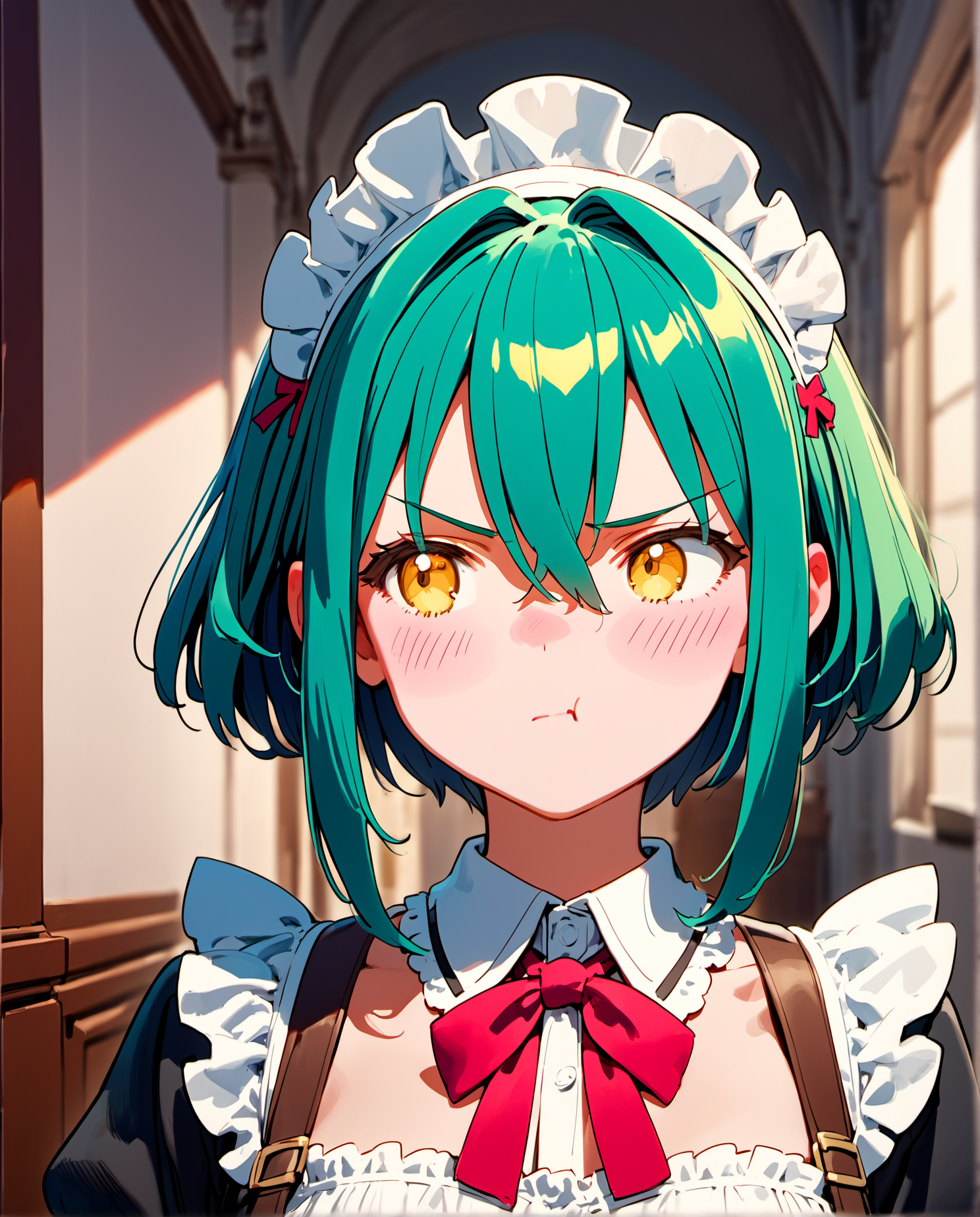score_9, score_8_up, score_7_up, source_anime BREAK 1girl, solo, close-up shot, short hair, green hair, very long sidelocks, hair in-between eyes, yellow eyes, looking to the side , embarrassed, maid headdress, pout, upper body, mansion hallway, <lora:Long_sidelocks-000006:0.7>, rating_questionable