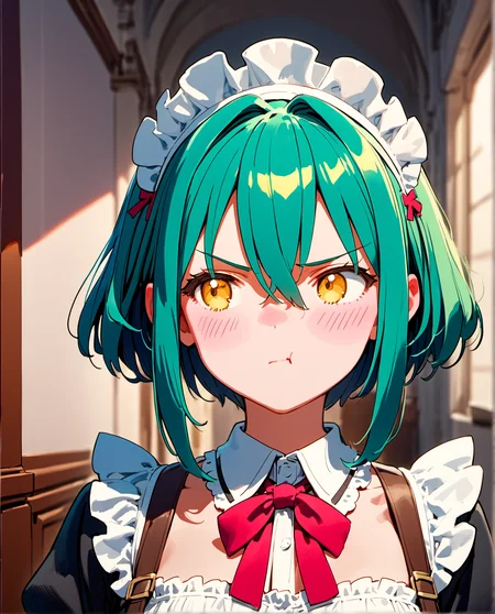 score_9, score_8_up, score_7_up, source_anime BREAK 1girl, solo, close-up shot, short hair, green hair, very long sidelocks, hair in-between eyes, yellow eyes, looking to the side , embarrassed, maid headdress, pout, upper body, mansion hallway, <lora:Long_sidelocks-000006:0.7>, rating_questionable