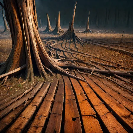 <lora:Wood-world_XL:1> in the style of wood-world_XL, 16k, extreme detail, fine textures, dark shadows, dark, sharp lines, decay flatwoods, vivid colors. beautiful. revealing. masterpiece. cracked. Romanian landscape, doglegs, derelict