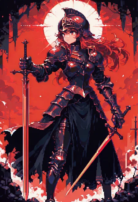 dpa,pixel art, sword, holding, 1girl, holding weapon, holding sword, red theme, armor, solo, long hair, gauntlets, dress, shoulder armor, hat, torn clothes, helmet, standing