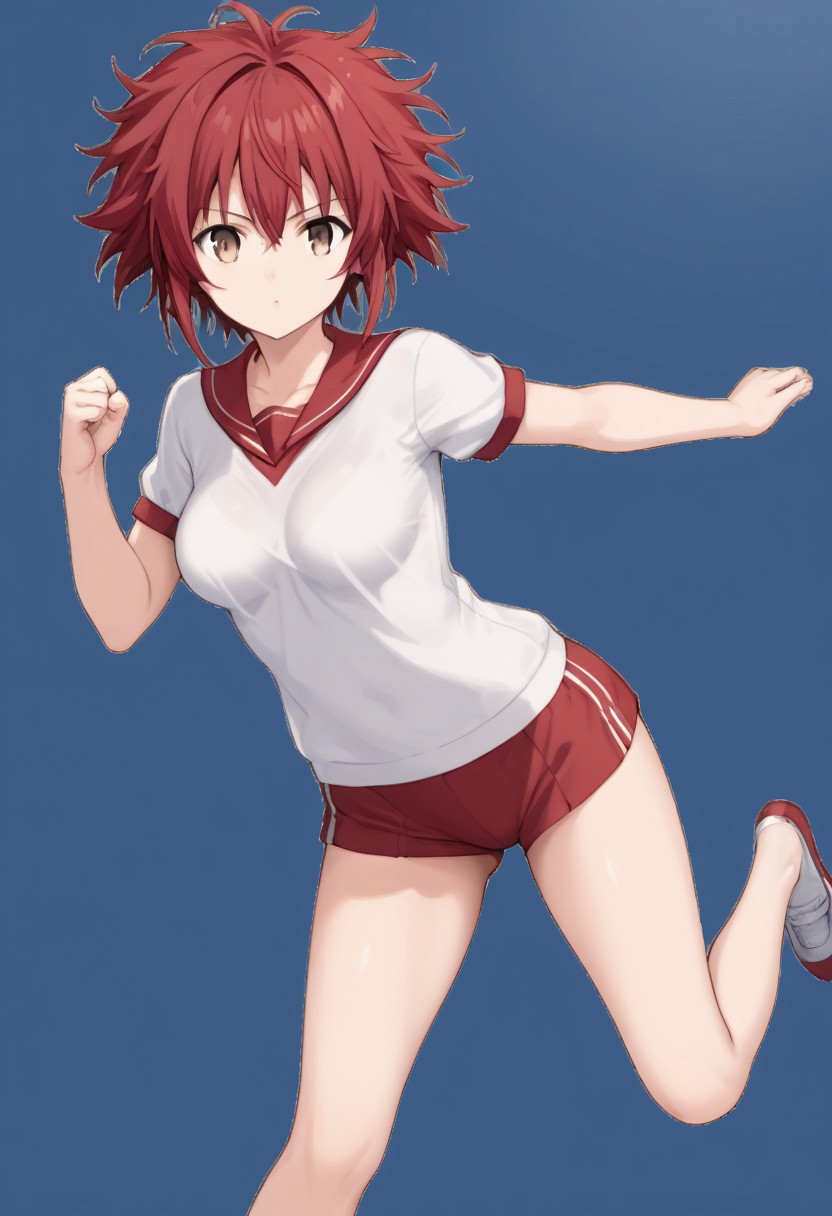 best quality,(SFW:1.5),(source_anime:1.5),1girl,ARTI,tsurime,small dark brown eyes,very short hair,messy hair,crimson hair,medium breasts,school gym uniform,fighting pose