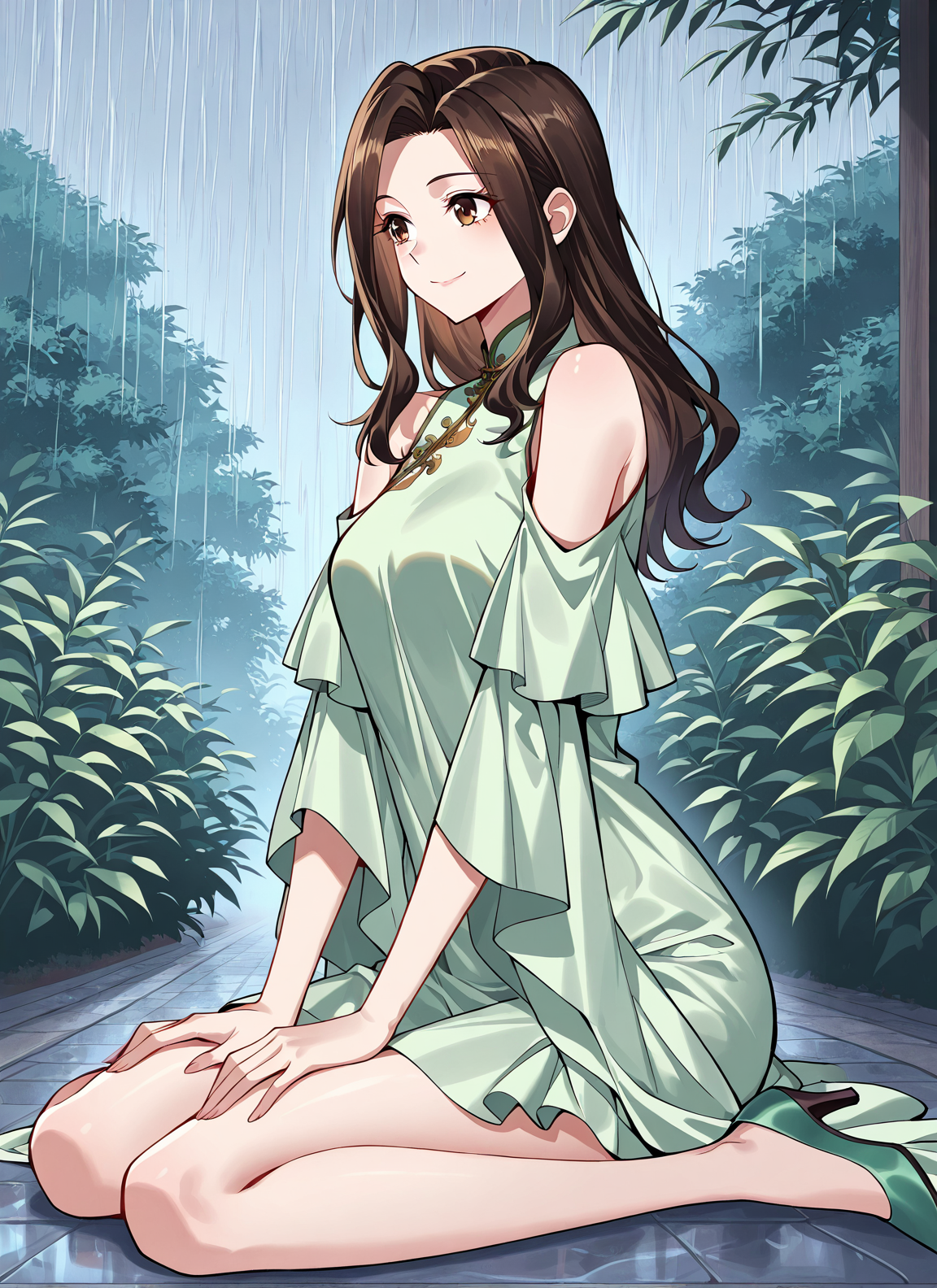<lora:Lu_Luo:1>
1 girl, solo, long hair, brown hair, brown eyes, bangs
chinese clothes, green dress, bare shoulders, shoulder cutout, clothing cutout, high heels
score_9, score_8_up, score_7_up, very aesthetic, source_anime, detailed, high quality, beautiful, detailed eyes, masterpiece, best quality, absurdres, perfect anatomy, 1girl, solo, wariza, sitting, hands on own knees, garden background, charming smile, rain