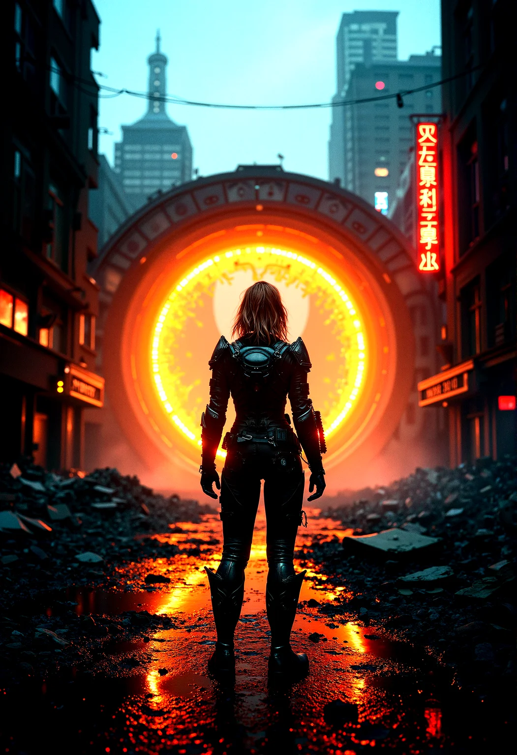 extremely photorealistic depiction of The glowing portal, close-up camera shot of a female figure wearing cyberpunk armor stands at the threshold of a massive tunnel glowing with fiery light, in a dark, stormy world.Ruined buildings with neon signs flickering, combined with digital noise.