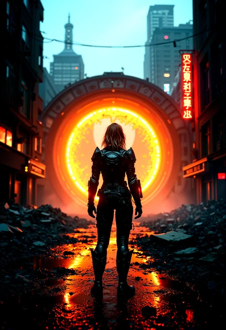 extremely photorealistic depiction of The glowing portal, close-up camera shot of a female figure wearing cyberpunk armor stands at the threshold of a massive tunnel glowing with fiery light, in a dark, stormy world.Ruined buildings with neon signs flickering, combined with digital noise.