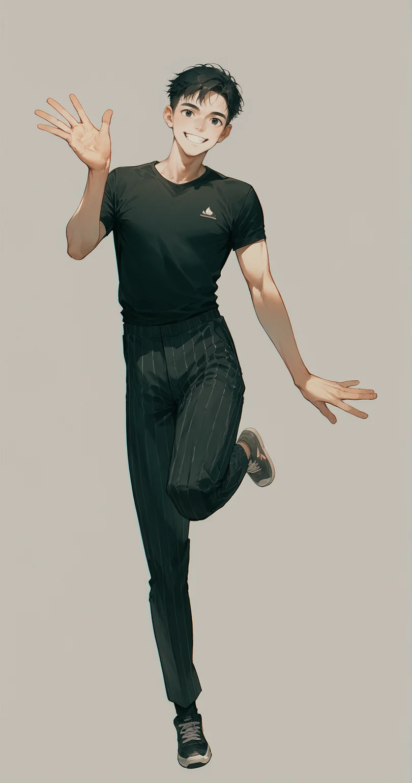 best quality, masterpiece, score_9, score_8_up, score_7_up, source_anime, rating_safe,
black hair, black eyes, mullet, bangs, straight hair, black shirt, black pants, black trainers,, smile,
1man, solo, adult, hands,
white background, no background, photoshoot,