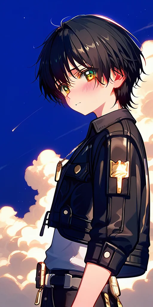 score_9,score_8_up,score_7_up,detailed face,1girl,black hair,short hair,pants,yellow eyes,long sleeves,from side,blush,shy,looking at viewer,cloud,green eyes,blue eyes,jewelry,jacket,night sky,key,dog tags,upper body,<lora:鸣潮ç·ä¸»Wuthering_Waves_Male_leading_role:1>,<lora:add-detail-xl:1>,