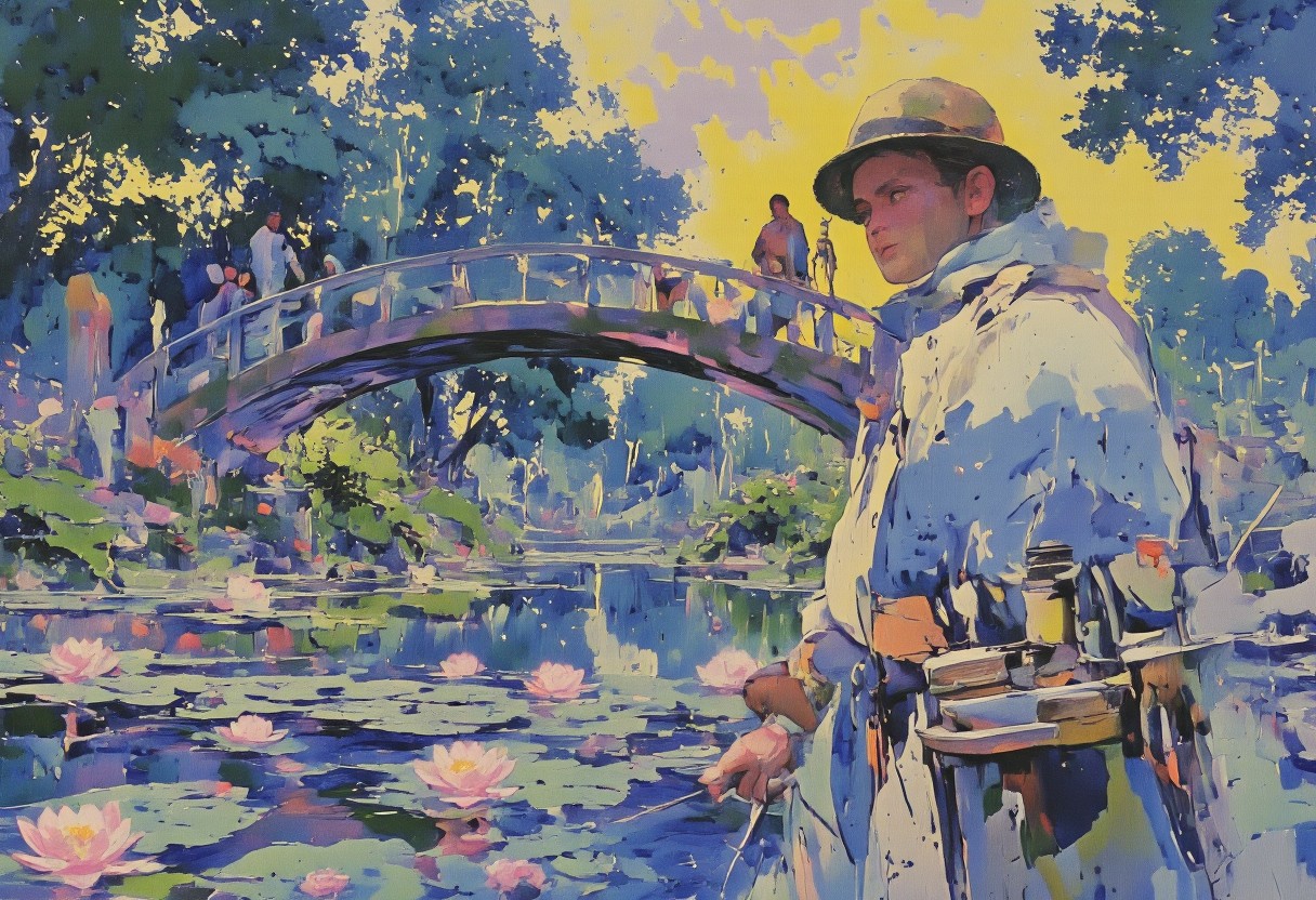 Claude Monet, the renowned Impressionist artist, standing stoically in his Giverny garden in 1914. His eyes are steely with determination as the distant rumble of artillery pierces the tranquil air. He is surrounded by a riot of colorful flowers: vibrant lilies float atop the pond's serene surface, their reflections shimmering under the soft light of a setting sun, while a canopy of green willows arch gracefully over the water's edge. The iconic Japanese bridge stretches across the water, connecting the lush banks. The painter himself is in the foreground, dressed in his signature straw hat and blue smock, palette in hand, brushes resting against a wooden easel that holds a canvas partially obscured by his body. The colors on the palette mirror the hues of the garden, suggesting his deep connection to the natural world. Despite the looming shadow of war, the vividness of Monet's surroundings stands as a testament to his unyielding resolve to continue his artistic endeavors amidst the chaos. The scene is suffused with a poignant silence, a stark contrast to the cacophony of battle that echoes in the distance, serving as a symbol of beauty's steadfastness in the face of destruction. The composition is framed by the darkened sky, hinting at the impending nightfall that metaphorically reflects the tumultuous times, yet it is pierced by a sliver of golden light, a beacon of hope that persists over the horizon of his beloved sanctuary.