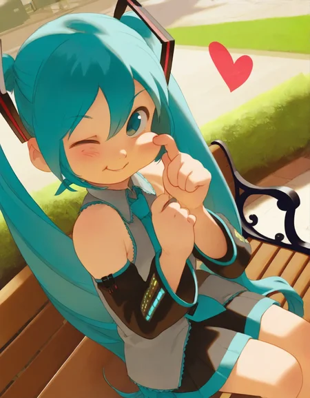 1girl, sitting on a park bench, smile, cheek poking by self, heart, one eye closed, (hatsune miku:0.8),  detached sleeves, dutch angle, 
,,,,,,,,,,,,,,,,,,,,,,,,,,,,,,,,,,,,,,,,,,,,,,,,,,,,,,,,,,,,,,,,,,,,,,,,,,,,,,,,,,,,,,,,,,
masterpiece, high quality, general
<lora:alkemanubis_style_illustrious01_v2-000034:1>
