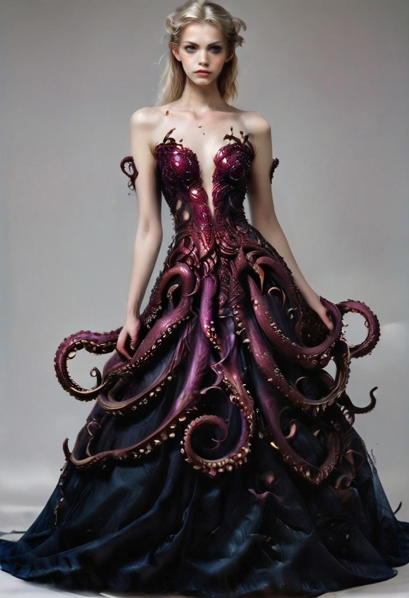 safe_pos, score_9, score_8_up, score_7_up, rating_safe, concept art, semi-realistic, 1girl, solo.
Young beautiful face, fit body, Sexy face, Sexy body, Proportion body. 

TentacleDress. (Tentacles:1.5). 
(Long dress), (Long skirt:1.5). Latex dress.

((Full body)), (((Stay))).