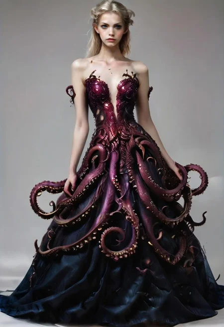 safe_pos, score_9, score_8_up, score_7_up, rating_safe, concept art, semi-realistic, 1girl, solo.
Young beautiful face, fit body, Sexy face, Sexy body, Proportion body.
TentacleDress. (Tentacles:1.5).
(Long dress), (Long skirt:1.5). Latex dress.
((Full body)), (((Stay))).