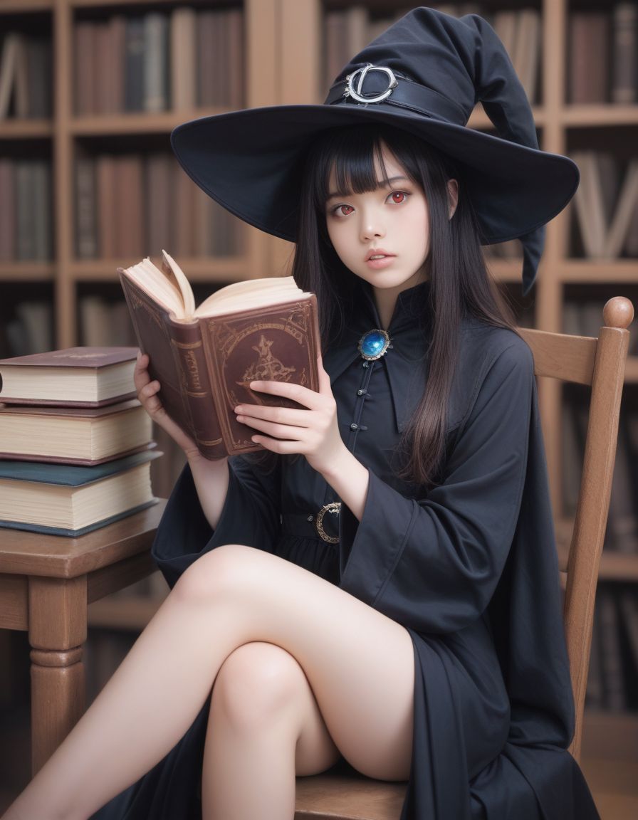 score_9, score_8_up, score_7_up, score_6_up, realistic eye,(realistic:1.2),(real:1.2),(photorealistic:1.1),red eyes,1girl, hat, book, solo, witch hat, blue eyes, sitting, holding, black hair, long hair, looking at viewer, holding book, black headwear, indoors, bangs, open book, wide sleeves, witch, long sleeves, cape, black cape, dress, bookshelf, jewelry, brooch, blurry, parted lips, chair, feet out of frame, blurry background, library, black dress, book stack, bare legs