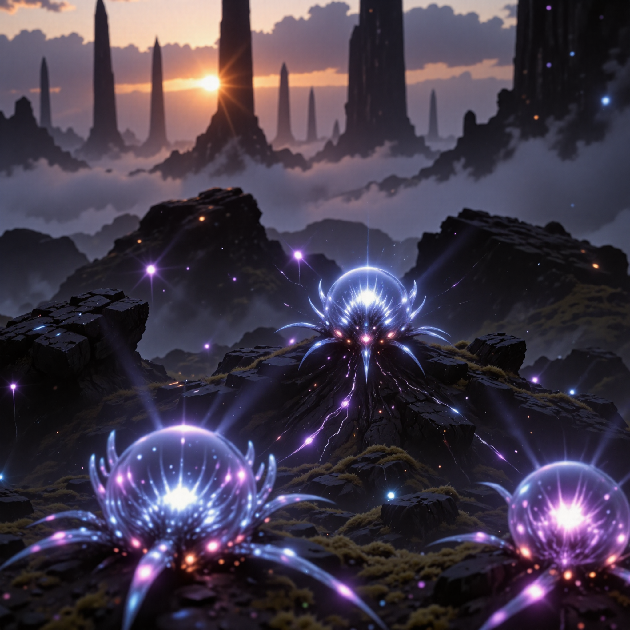 award-winning macro photo, bokeh, short depth of field, uhd, this photo depicts a group of swarming "adamantine chitterfragglers." these are tiny, shard-like crystalline creatures that vibroglide over the nutrient-rich fog lands of planet "worfendor v." their glimmering bodies pulse with light in perfect synchronization, creating vast rippling displays that confuzzle would-be predators. chitterfragglers form immense swarms, moving with synchronicity as they feed on drifting microspores released by the towering floomstalactites. the fog sea itself is an ever-shifting mass of dense vapor punctuated by otherworldly obelisks, creating a hauntingly beautiful and constantly morphing habitat, dramatic lighting, sunset, subsurface scattering, intricate, in the style of ck-ovf, aidmafluxpro1.1,
<lora:epic_gorgeous_details-balance-flux-by_flyway:0.48>
<lora:style-mythic_fantasy-v2-flux-by_velvets:0.8>
<lora:style-oneviolentfantasy-ep21-flux-by_chronoknight:0.6>
<lora:style-cheats-by_schmede:0.4>
<lora:flux_pro1.1_detailer-v0.2-flux-by_aidma:0.6>