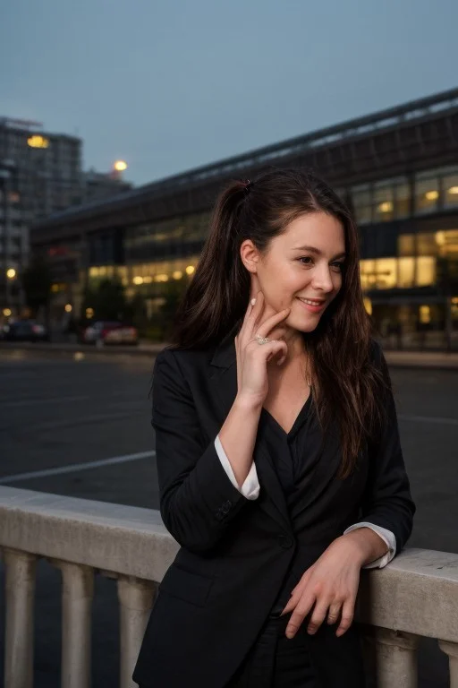 30yo American woman wearing bussiness suit holding a cigarrete
Dark black smooth long hair ponytail. smiling.
Looking at camera.
Dynamic varying pose.
Outside bussiness. Night time,
Night time, dark.