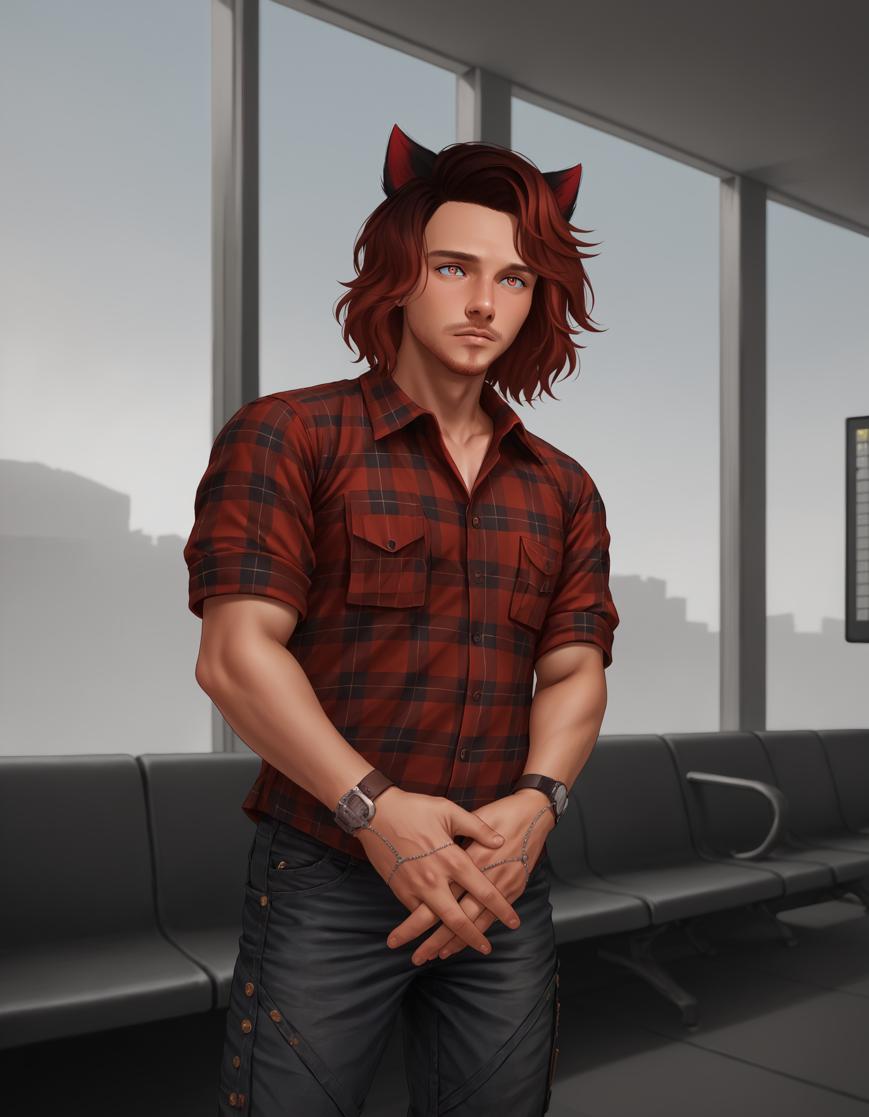 score_9, score_8_up, score_7_up, score_6_up, score_5_up, score_4_up, ultra-detailed, highres, sidelighting, lustrous skin, (bloom), (shine), lighting, ray tracing, sci-fi, solo, solo, brown hair, shirt, 1boy, animal ears, male focus, red hair, pants, cat ears, plaid, window, facial hair, own hands together, denim, red shirt, watch, wristwatch, plaid shirt, animal ears, animal ear fluff, indoors, depth of field, specular highlights, art by artgerm, depth_of_field, very detailed background, highly detailed background, Masterpiece, Ultra detailed, great composition, (Highest picture quality), (Master's work), depth of field, solo, extreme light and shadow, masterpiece, rich in detail, (fine features), (highest quality), (masterpiece), (detailed eyes), detailed face, detailed hair, textured hair, textured fabric, ((cinematic lighting, cinematic angle)), (extremely detailed CG unity 8k wallpaper), (masterpiece), (best quality), (ultra-detailed), (best illustration), (best shadow), perfect lighting, perfect anatomy, vivid colors, <lora:MatoyaXvoor:0.8>