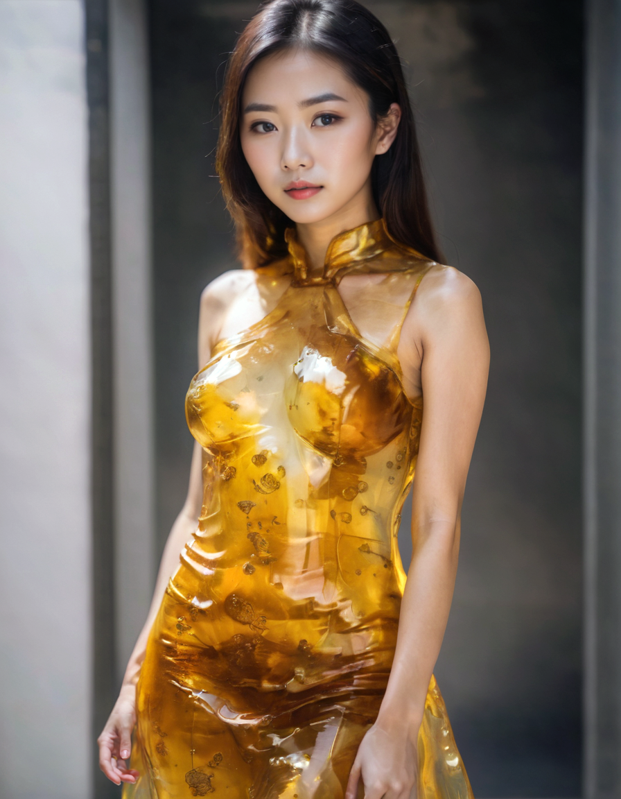 <lora:d4bz:1.2>asian girl wearing translucent amber dress made out of d4bz