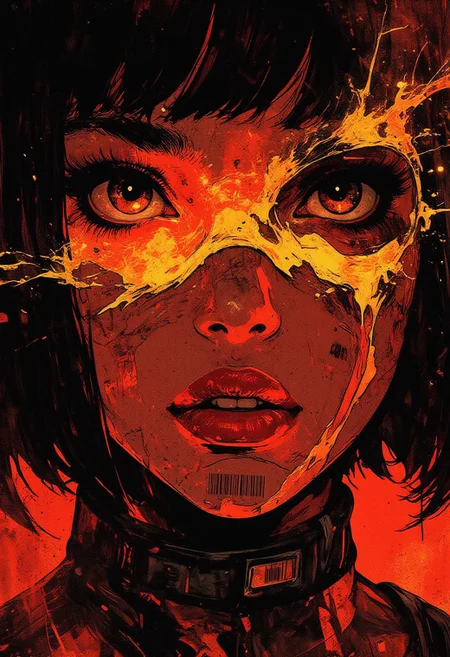 in the style of cksc,, This digital painting is an intense, atmospheric portrait bathed in deep crimson and obsidian tones, streaked with glimmers of molten gold. The extreme close-up fixates on a single, hypnotic amber eye, its fractured crystalline details catching the light like burning embers beneath glass, framed by thick, jet-black lashes casting dramatic, jagged shadows. A sleek, inky bob frames her face, sharp and precise, with jagged bangs veiling her eyes like a blindfold of shadow. An eerie, malevolent grin stretches her deep garnet lips, the corners curling upward unnaturally, revealing glimpses of gleaming ivory teeth. Stamped over both high cheekbones, twin barcodes in stark black ink mark her skin like an ominous brand of control. Her smooth complexion is rendered in fluid, velvety strokes of volcanic red and smoky graphite, merging into an ethereal, weightless texture. Strands of raven-black hair catch the golden highlights like flickers of firelight against darkness. There is no distinct background—only a void of swirling, abstract textures in deep maroon and metallic bronze, dissolving into the edges of the frame, making her face appear as if it is emerging from the abyss. The surreal, immersive style intensifies her presence, with the artist’s signature subtly woven into the fluid composition.